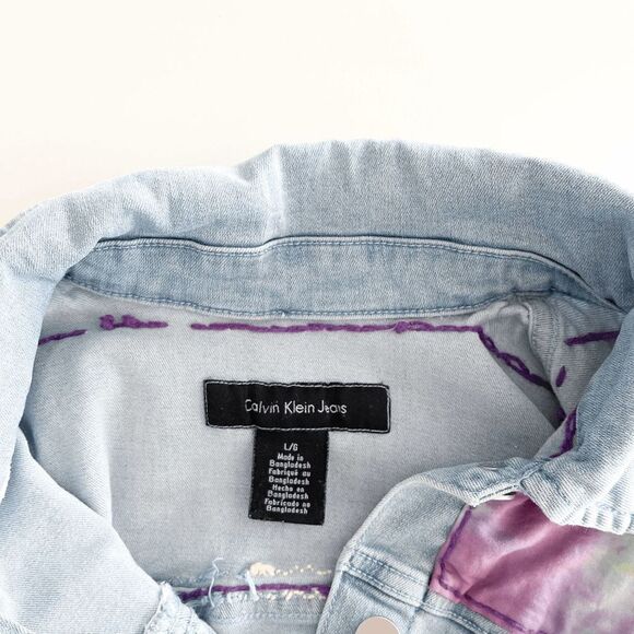 Calvin Klein Jeans Womens Denim Jacket Cropped Pastel Applique Light Wash Large - Picture 3 of 7